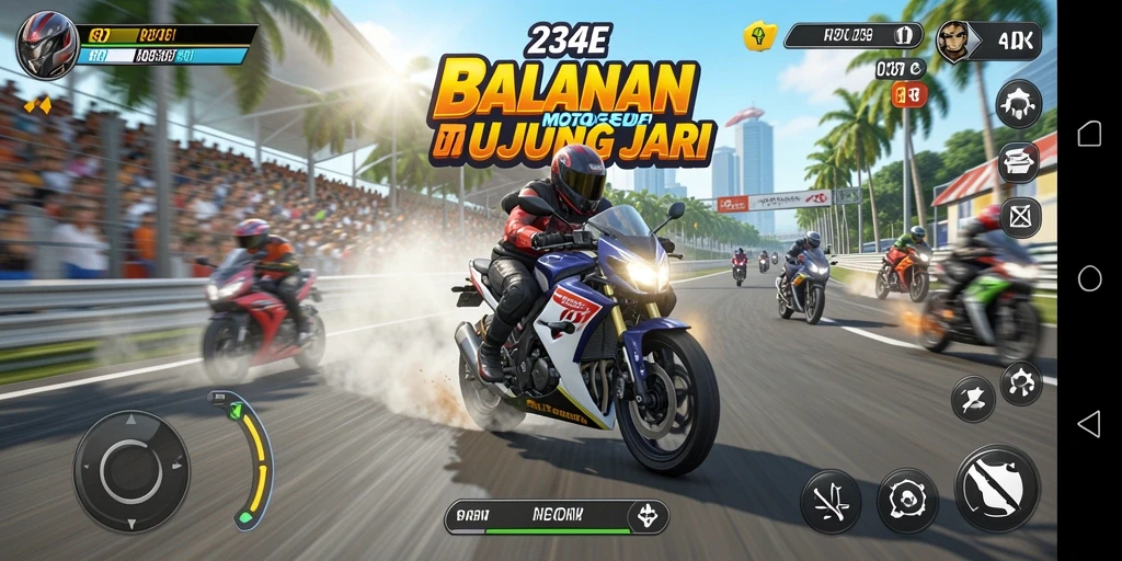 Screenshot gameplay 234E menunjukkan balapan motor di lintasan yang menantang.