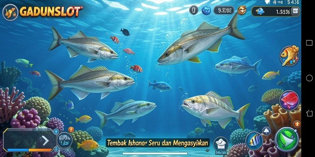 Screenshot gameplay GADUNSLOT yang menarik dengan ikan berwarna-warni.