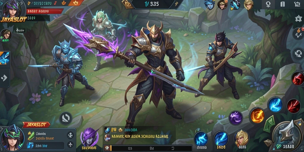 Screenshot JAYASLOT menampilkan aksi pertempuran MOBA yang mendebarkan.