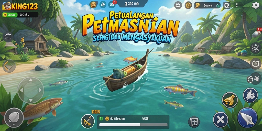 Screenshot gameplay KING123 menampilkan aksi seru memancing ikan di laut.