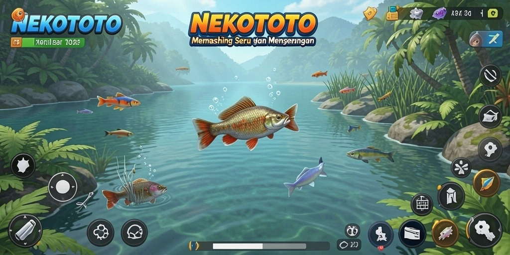 Tampilan gameplay NEKOTOTO yang menawan saat memancing ikan.