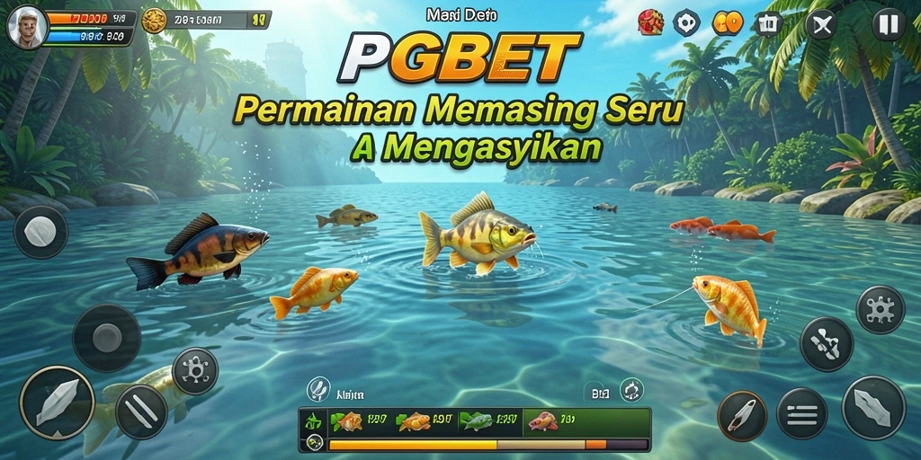 Screenshot utama PGBET menampilkan pemain sedang asyik memancing di danau yang indah.