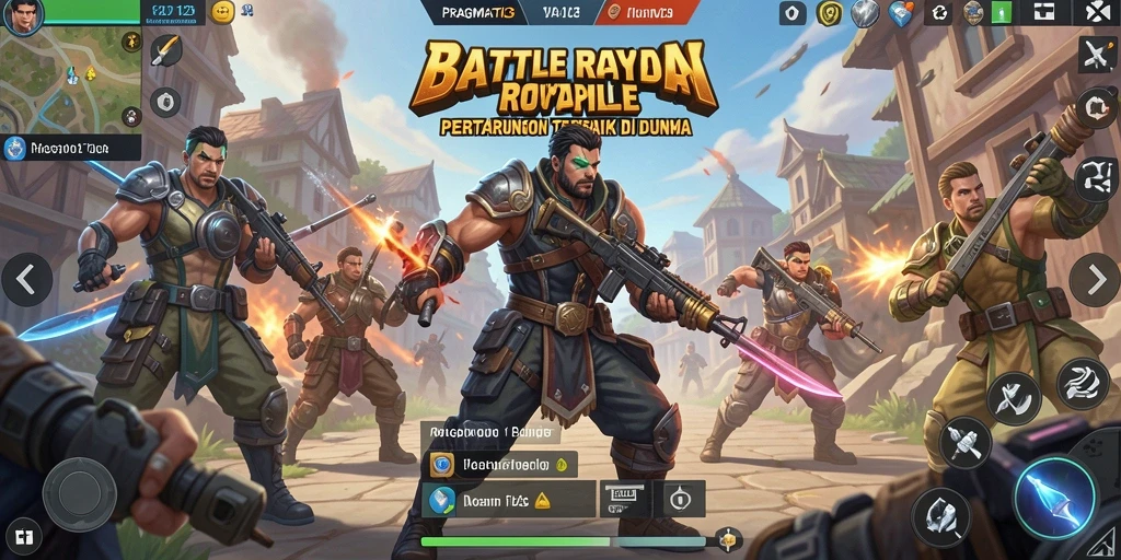 Tangkapan layar utama menunjukkan aksi pertarungan di arena Battle Royale.