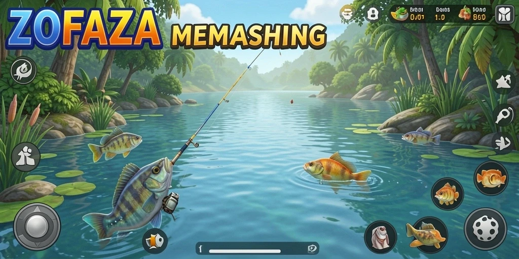 Screenshot utama ZOFAZA menampilkan aksi seru saat memancing.